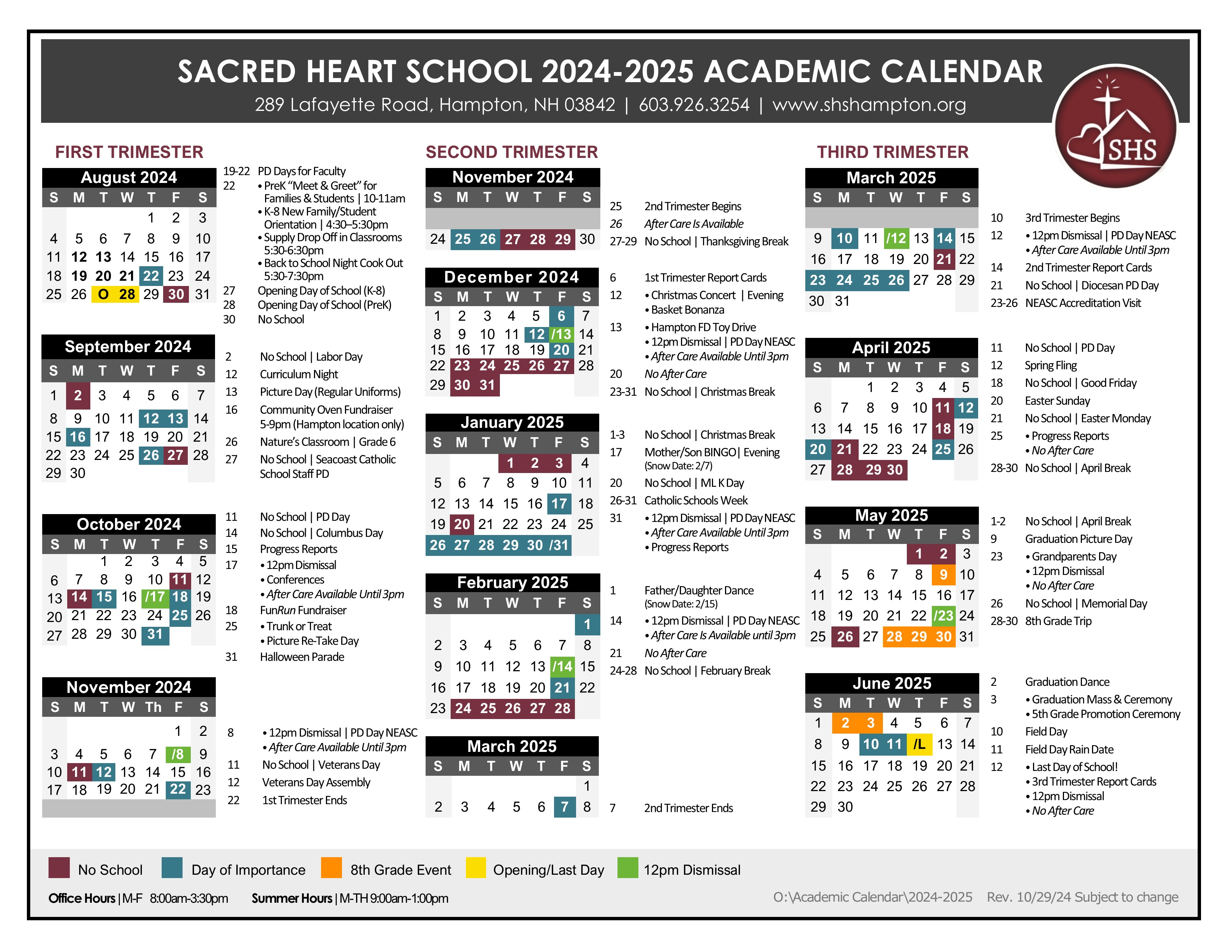 School Calendar Sacred Heart School